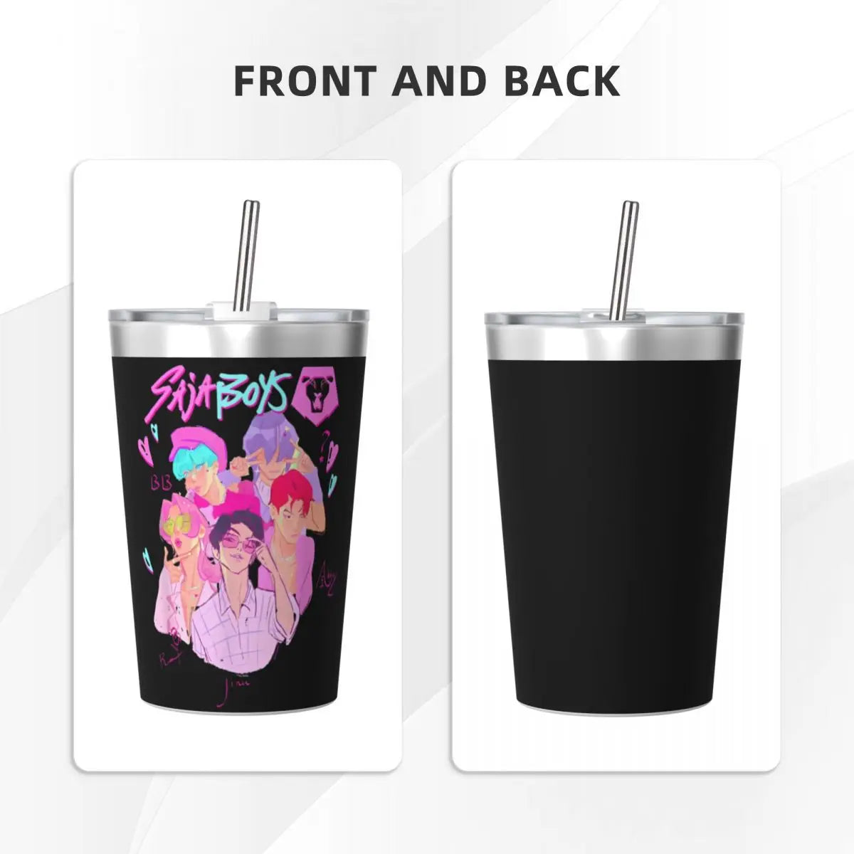 Kpop Demon Hunters Saja Boys 12oz Tumbler Stainless Steel Double Wall Vacuum Insulated Mug Cups With Straw for Cold Hot