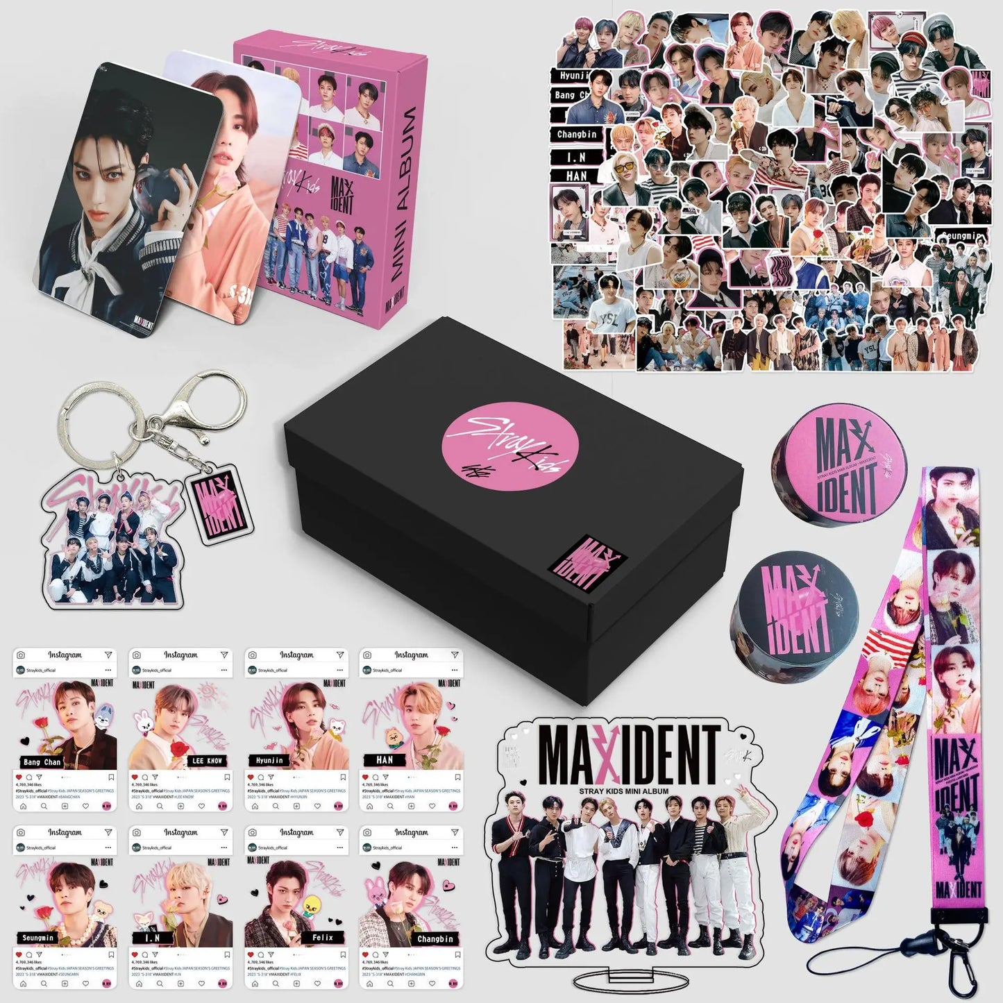 Kpop StrayKids MAXIDENT Album Peripheral Gift Bag - SKZOO Keychain Sticker Standee Lanyard Photocard