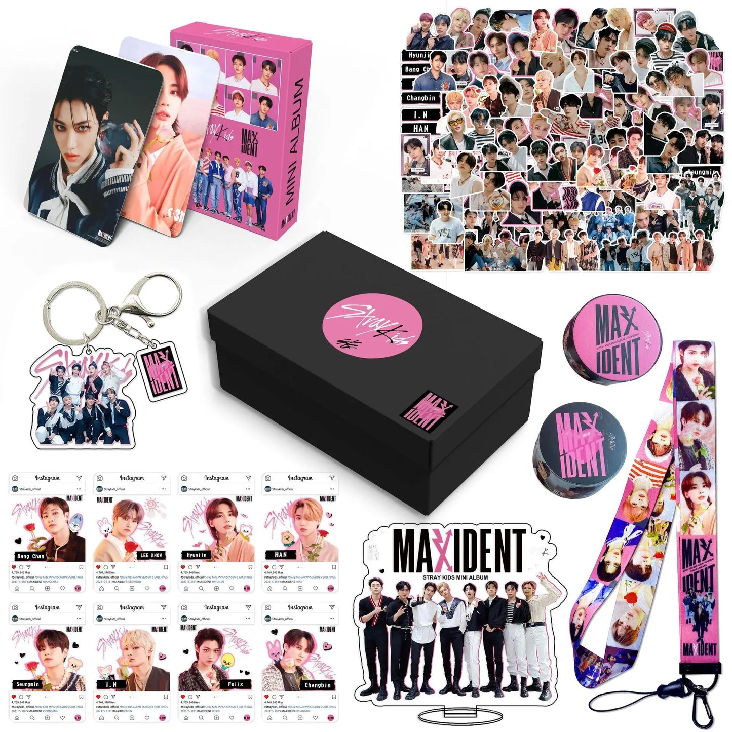 Kpop StrayKids MAXIDENT Album Peripheral Gift Bag - SKZOO Keychain Sticker Standee Lanyard Photocard