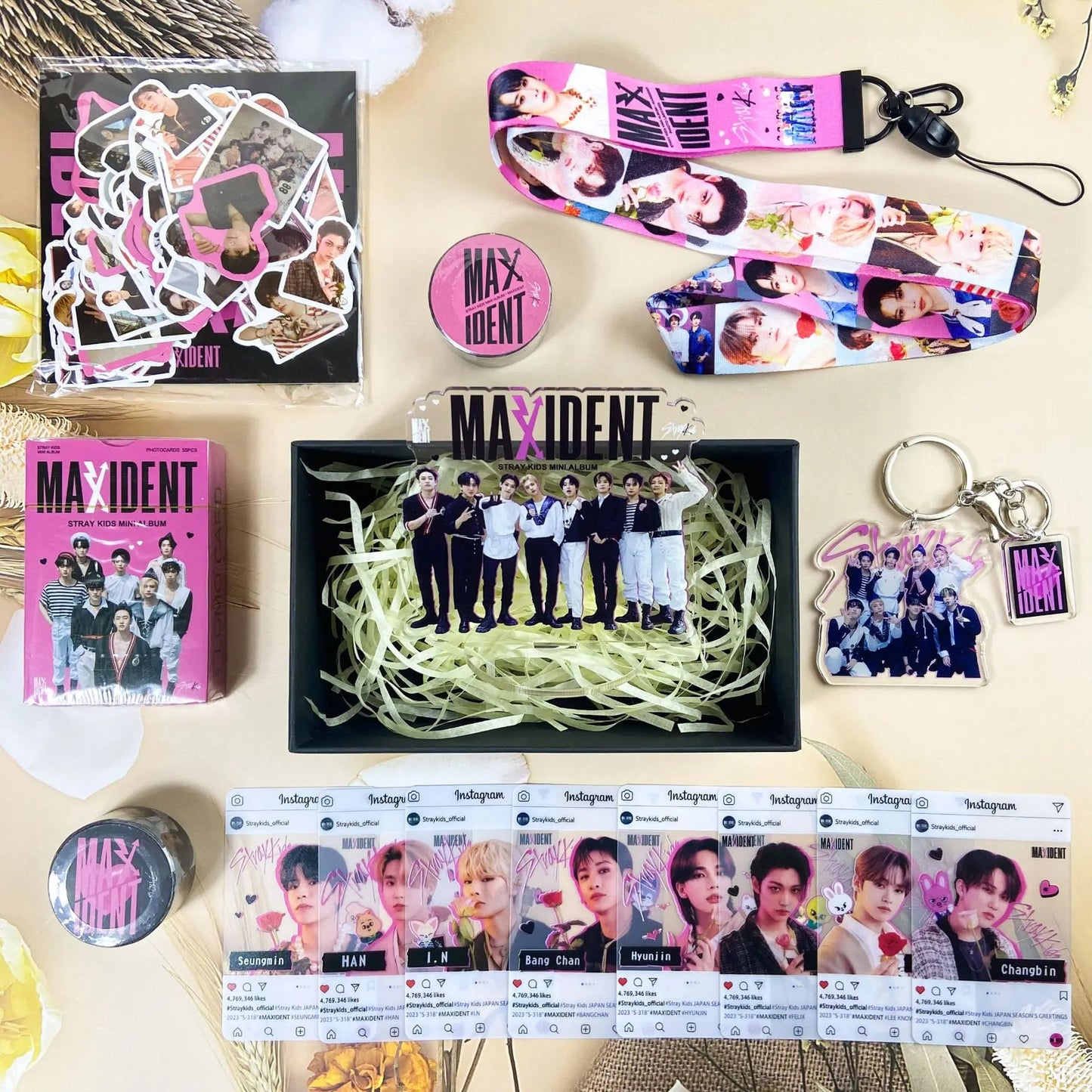 Kpop StrayKids MAXIDENT Album Peripheral Gift Bag - SKZOO Keychain Sticker Standee Lanyard Photocard