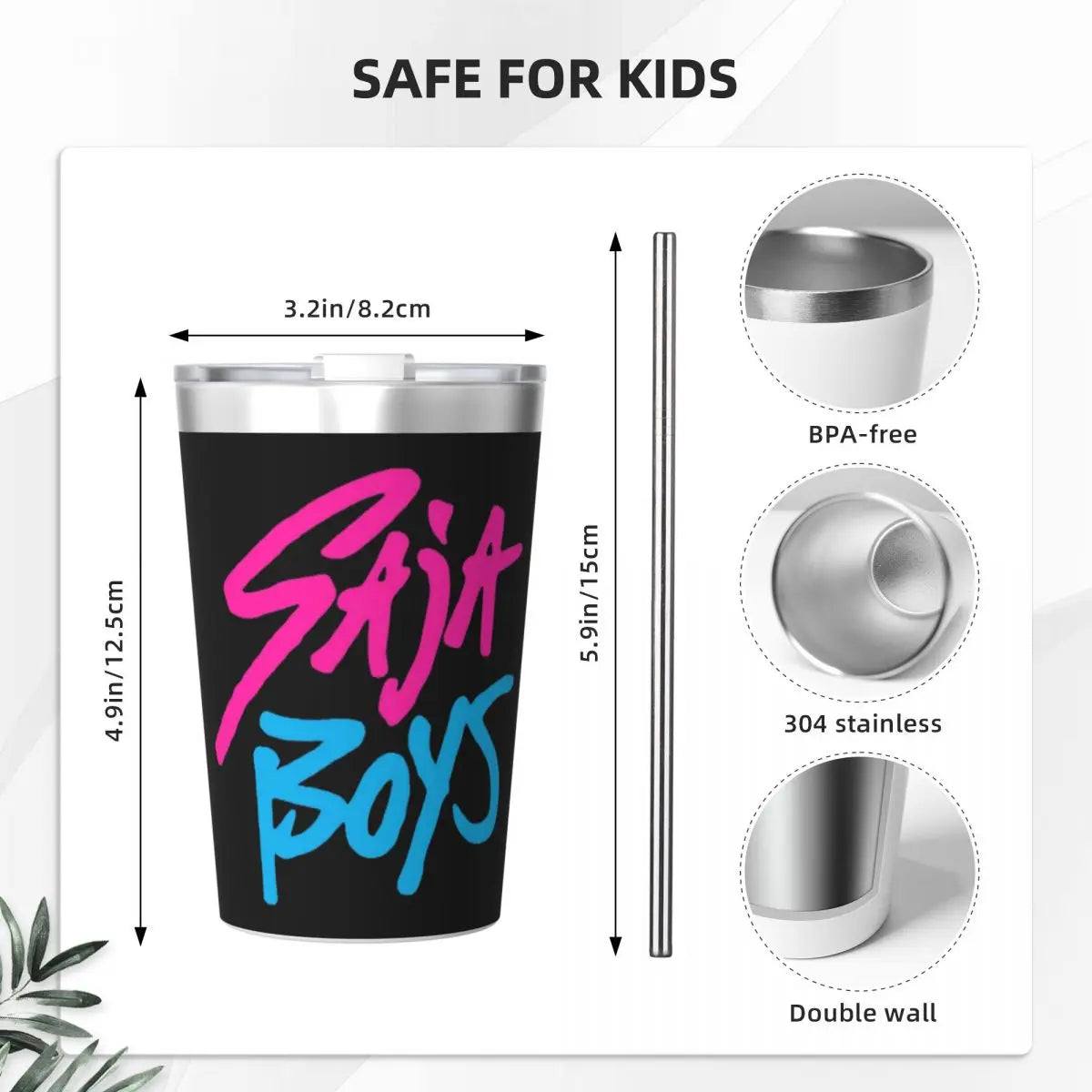 Saja Boys Demon Kpop Demon Hunters Tumbler With Straw For Kids Stainless Steel Travel Mug Double Wall Vacuum Insulated 12oz