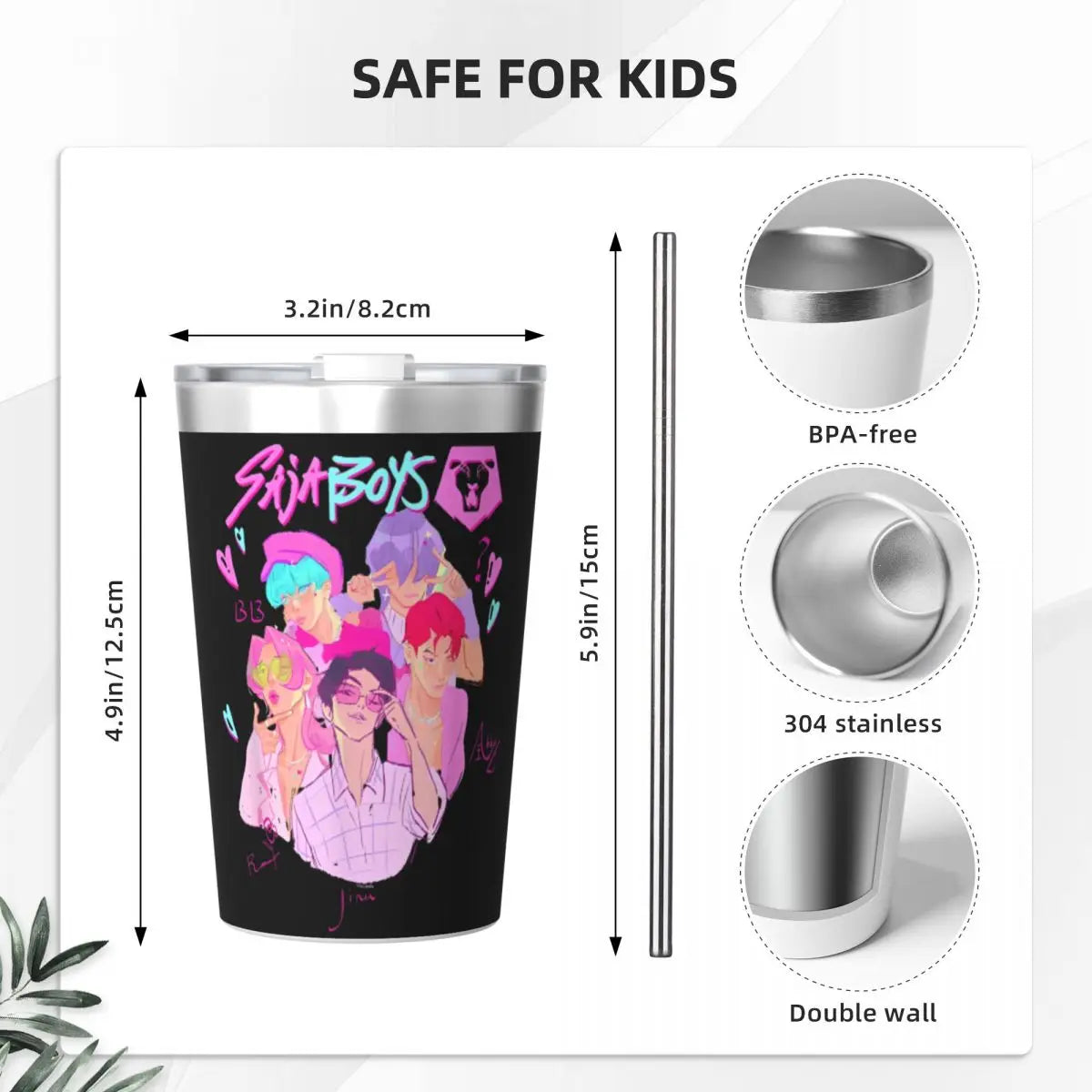 Kpop Demon Hunters Saja Boys 12oz Tumbler Stainless Steel Double Wall Vacuum Insulated Mug Cups With Straw for Cold Hot